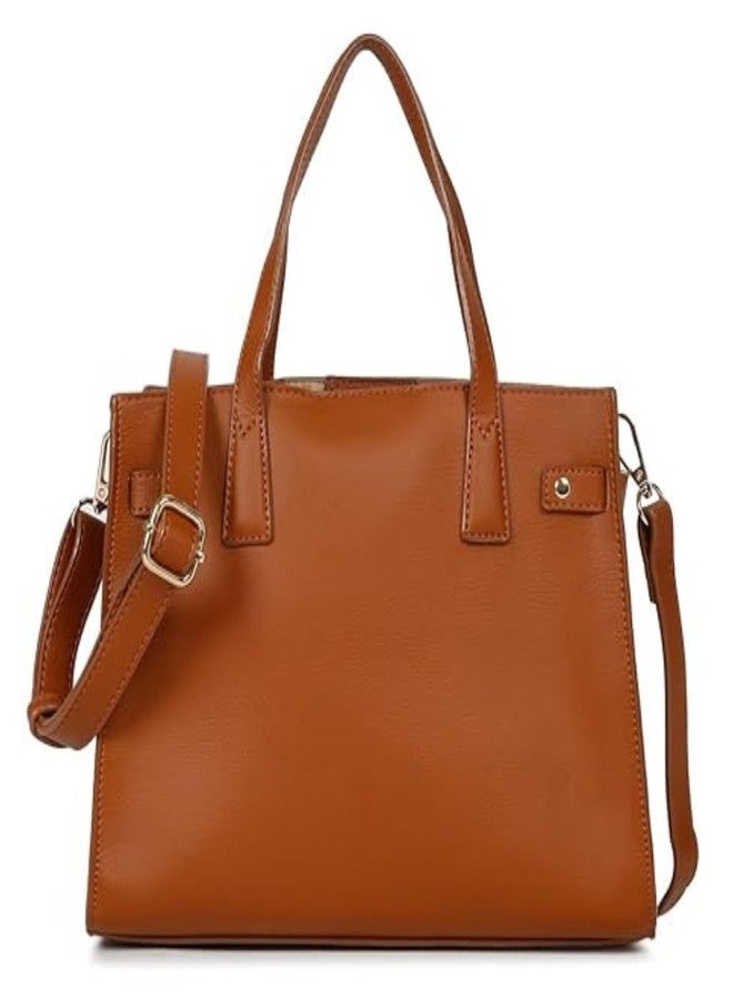 white lily Classic Faux Leather Handbag, Top Handle Satchel with Detachable Shoulder Strap (Tan) - Image 1